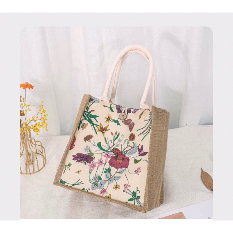 Túi cói hoạ tiết hoa lá cành thơ kích thước vuông khoá gài  🌸