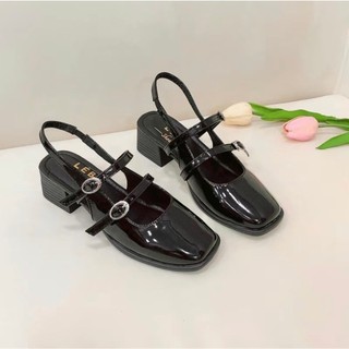 Giày hở gót 2 quai ngang đế vuông cao 4cm đa bóng tiểu thư mã V084