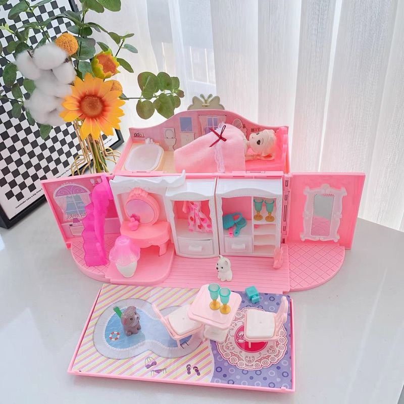 Ngôi nhà búp bê thiết kế dạng túi xách, kèm 2 búp bê, đồ chơi búp bê màu hồng dễ thương cho bé