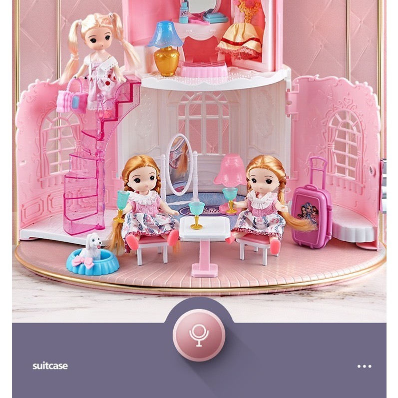Ngôi nhà búp bê thiết kế dạng túi xách, kèm 2 búp bê, đồ chơi búp bê màu hồng dễ thương cho bé