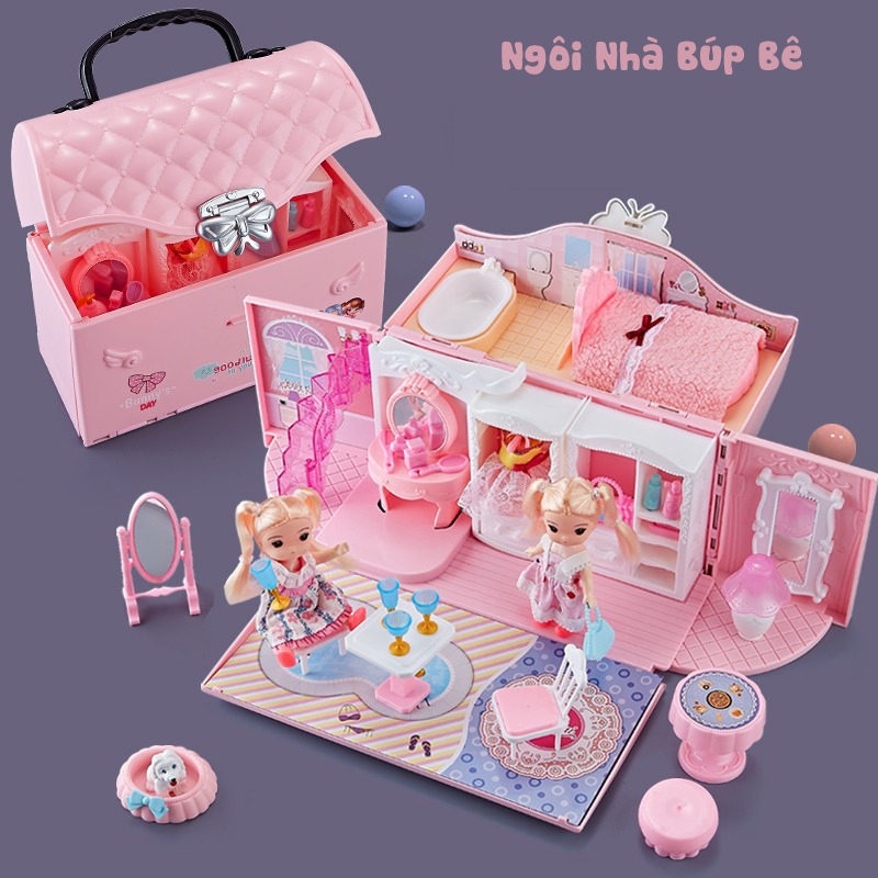 Ngôi nhà búp bê thiết kế dạng túi xách, kèm 2 búp bê, đồ chơi búp bê màu hồng dễ thương cho bé