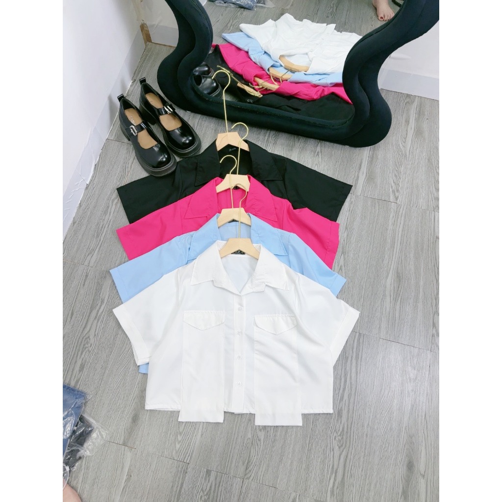 Áo Sơ Mi Dáng Croptop Túi Hộp Bigsize Nữ,Sơ Mi Tay Ngắn Big Size Vải Lụa Chéo Trơn Ít Nhắn SM162