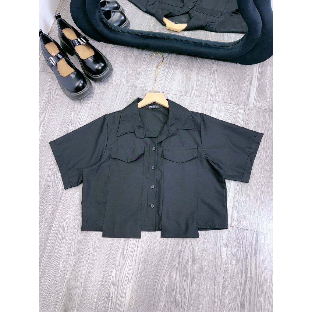 Áo Sơ Mi Dáng Croptop Túi Hộp Bigsize Nữ,Sơ Mi Tay Ngắn Big Size Vải Lụa Chéo Trơn Ít Nhắn SM162