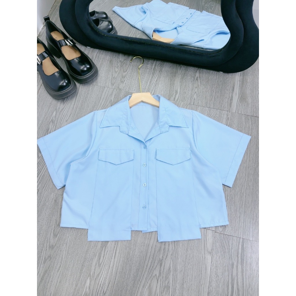 Áo Sơ Mi Dáng Croptop Túi Hộp Bigsize Nữ,Sơ Mi Tay Ngắn Big Size Vải Lụa Chéo Trơn Ít Nhắn SM162