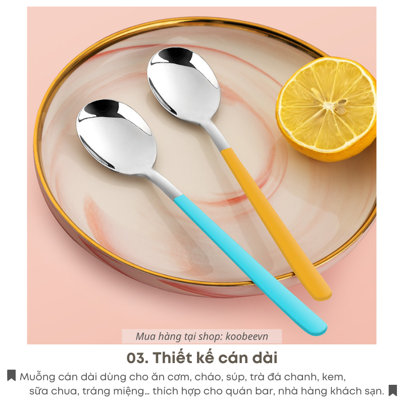 [6 MÀU] Thìa Muỗng Ăn Cơm Cán Dài Inox Không Gỉ Phong Cách Hàn Quốc 18.5cm Cao Cấp | BA29