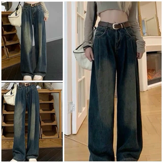 Quần Jeans xếp eo nhún . Quần bò ống rộng cạp cao phong cách Hàn quốc