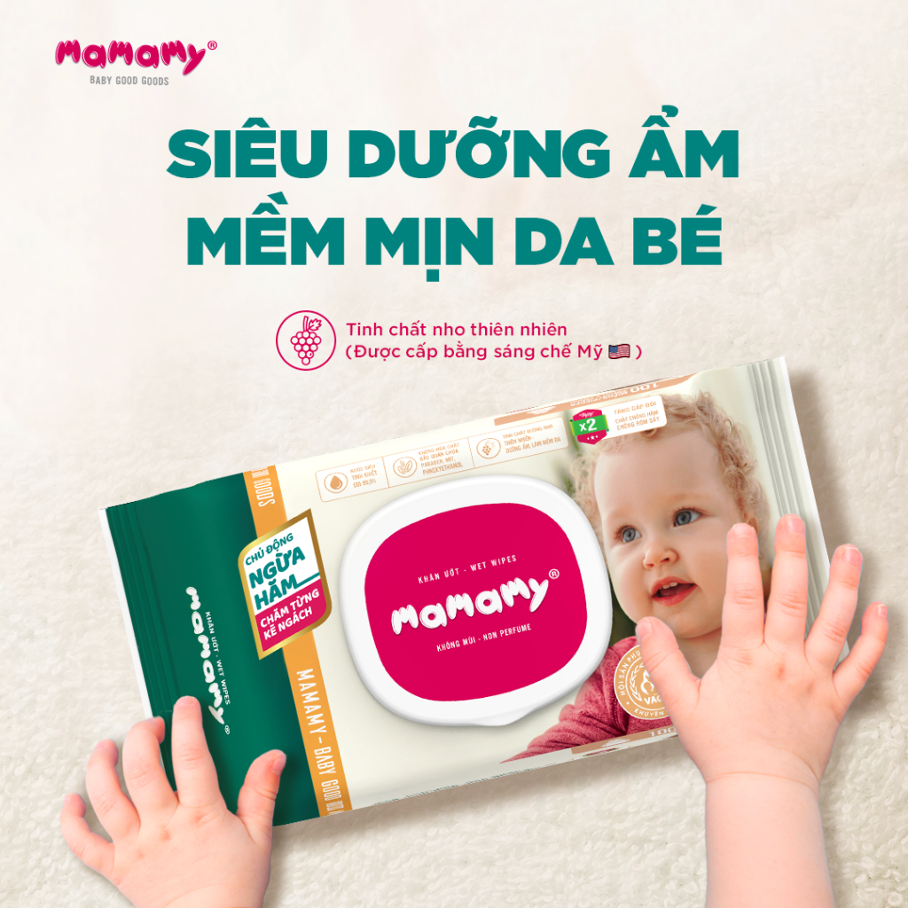 Ảnh Khăn ướt cao cấp cho bé Mamamy gói 100 tờ  sợi tự nhiên gấp đôi ngừa hăm, mềm dai sạch cực 3