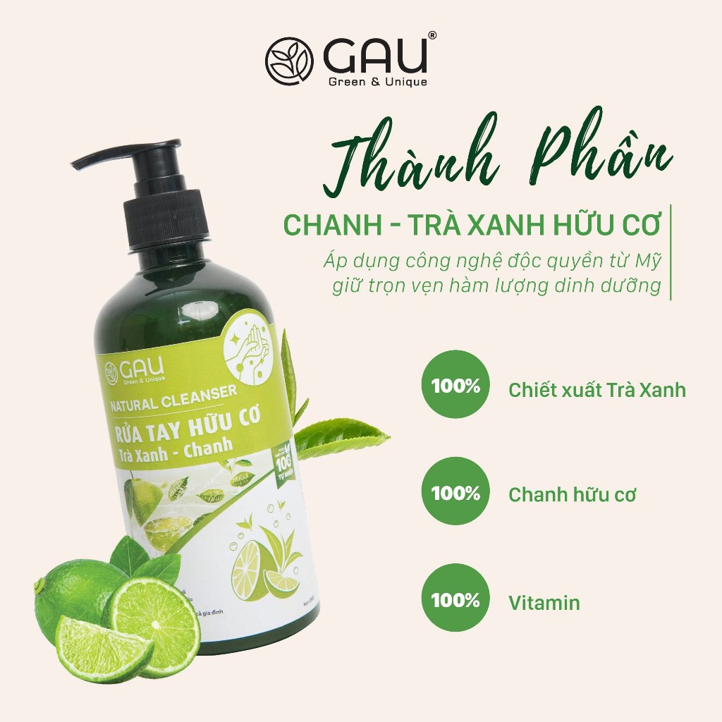 Nước Rửa Tay Hữu Cơ Thiên nhiên Lên Men GAU Trà Xanh Chanh Bay Mùi tanh Sạch Dầu Mỡ 1 lần rửa 500ml