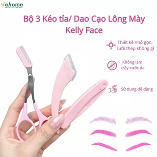 Dao cạo lông mày 3 món lưỡi thép nhà Kelly gồm kéo tỉa chân mày, bộ dụng cụ 2 dao cạo và tỉa lông mày, lông mặt gấp gọn.