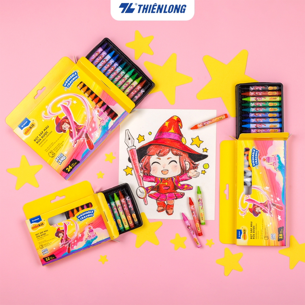 Hộp 12/18/24 bút sáp màu rửa được - Washable Crayons Thiên Long Colokit - Nhân vật Futy Akooland thế giới học cụ thần kỳ
