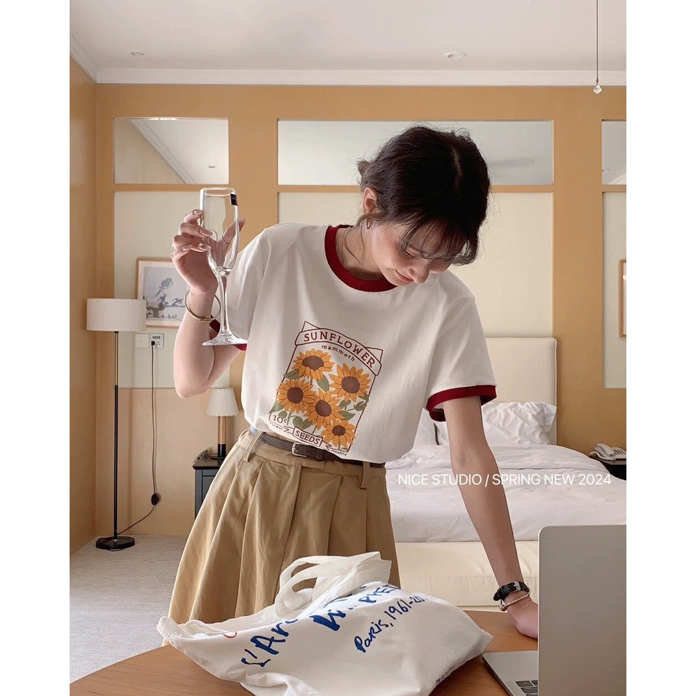 Áo thun Nữ tay ngắn bo viền JULY, Áo thun nữ in hình thời trang mùa hè