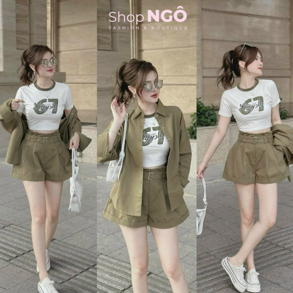 Set bộ 3 món - Set thời trang nữ đi chơi Set đùi 3 món áo thun trắng in kèm 67 khoác rêu+ Quần short kèm nịt năng động