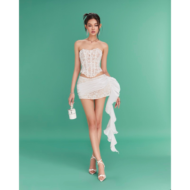 MIUMIU SET - Set áo corset ren đính nơ nhí phối chân váy lưng xệ sang trọng