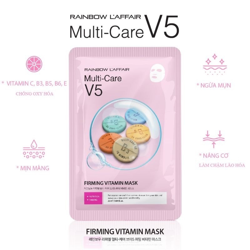 1-5 miếng Mặt nạ Multi care V5 Vitamin mask - Rainbow L'affair hạn 2028 Hàn Quốc dưỡng trắng cấp ẩm, săn chắc da  IS140