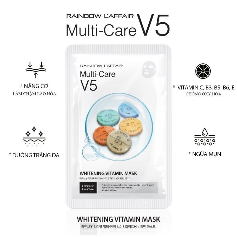 1-5 miếng Mặt nạ Multi care V5 Vitamin mask - Rainbow L'affair hạn 2028 Hàn Quốc dưỡng trắng cấp ẩm, săn chắc da  IS140