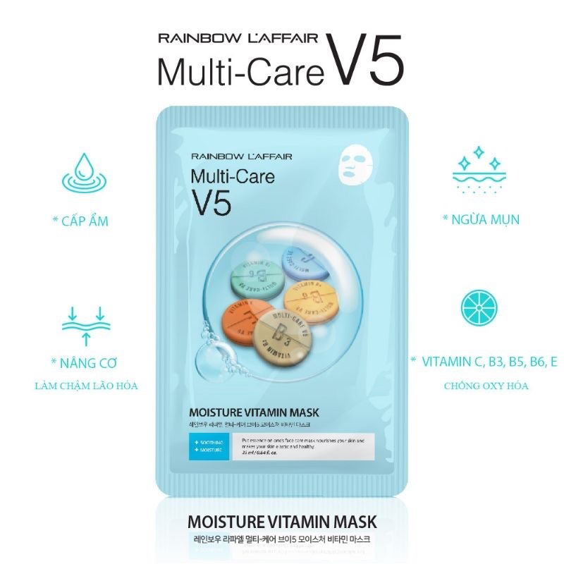 1-5 miếng Mặt nạ Multi care V5 Vitamin mask - Rainbow L'affair hạn 2028 Hàn Quốc dưỡng trắng cấp ẩm, săn chắc da  IS140