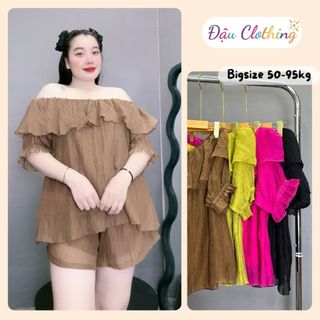 Set đồ bigsize nữ áo trễ vai bèo kèm quần đùi lưng chun hai lớp không lộ vải  đũi tơ SET820