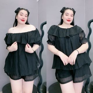 Set đồ bigsize nữ áo trễ vai bèo kèm quần đùi lưng chun hai lớp không lộ vải  đũi tơ SET820