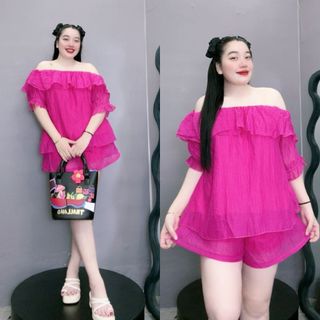 Set đồ bigsize nữ áo trễ vai bèo kèm quần đùi lưng chun hai lớp không lộ vải  đũi tơ SET820