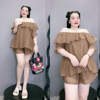 Set đồ bigsize nữ áo trễ vai bèo kèm quần đùi lưng chun hai lớp không lộ vải  đũi tơ SET820