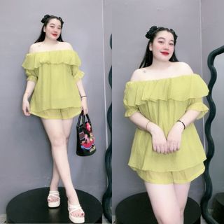 Set đồ bigsize nữ áo trễ vai bèo kèm quần đùi lưng chun hai lớp không lộ vải  đũi tơ SET820