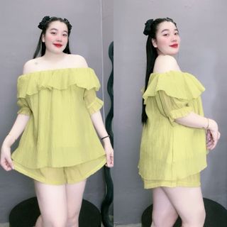 Set đồ bigsize nữ áo trễ vai bèo kèm quần đùi lưng chun hai lớp không lộ vải  đũi tơ SET820