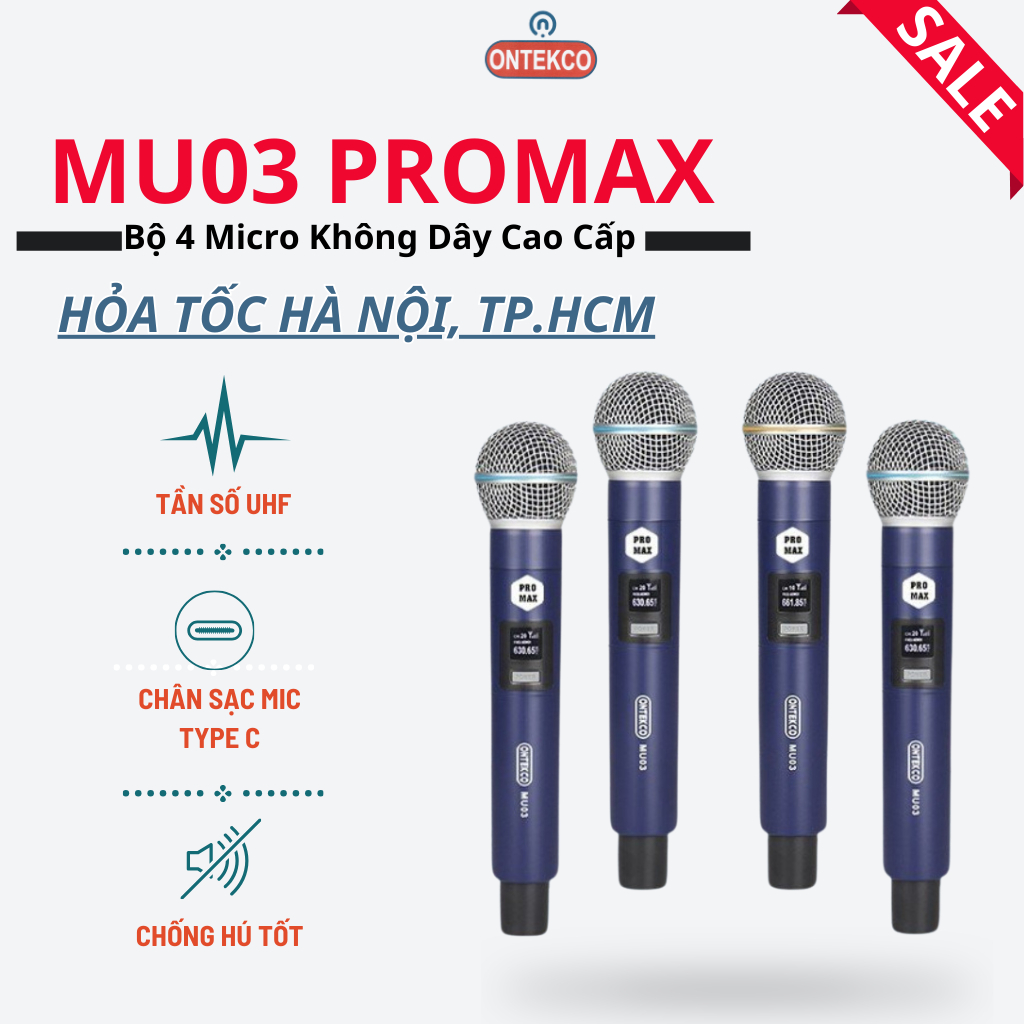 Bộ 4 micro karaoke không dây Ontekco MU03 promax chuyên dùng cho loa ...