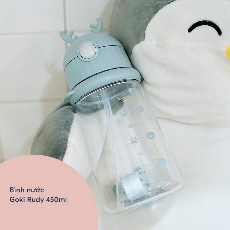Bình nước Goki Rudy 450ml cho bé mang đi học gọn, nhẹ, dễ thương Inochi