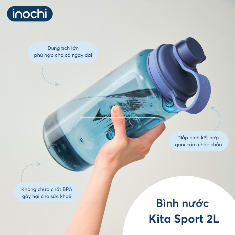 [KÈM ỐNG HÚT] Bình nước Kita Sport 2L Inochi có quai cầm tiện lợi, bình nước cho nam tập gym