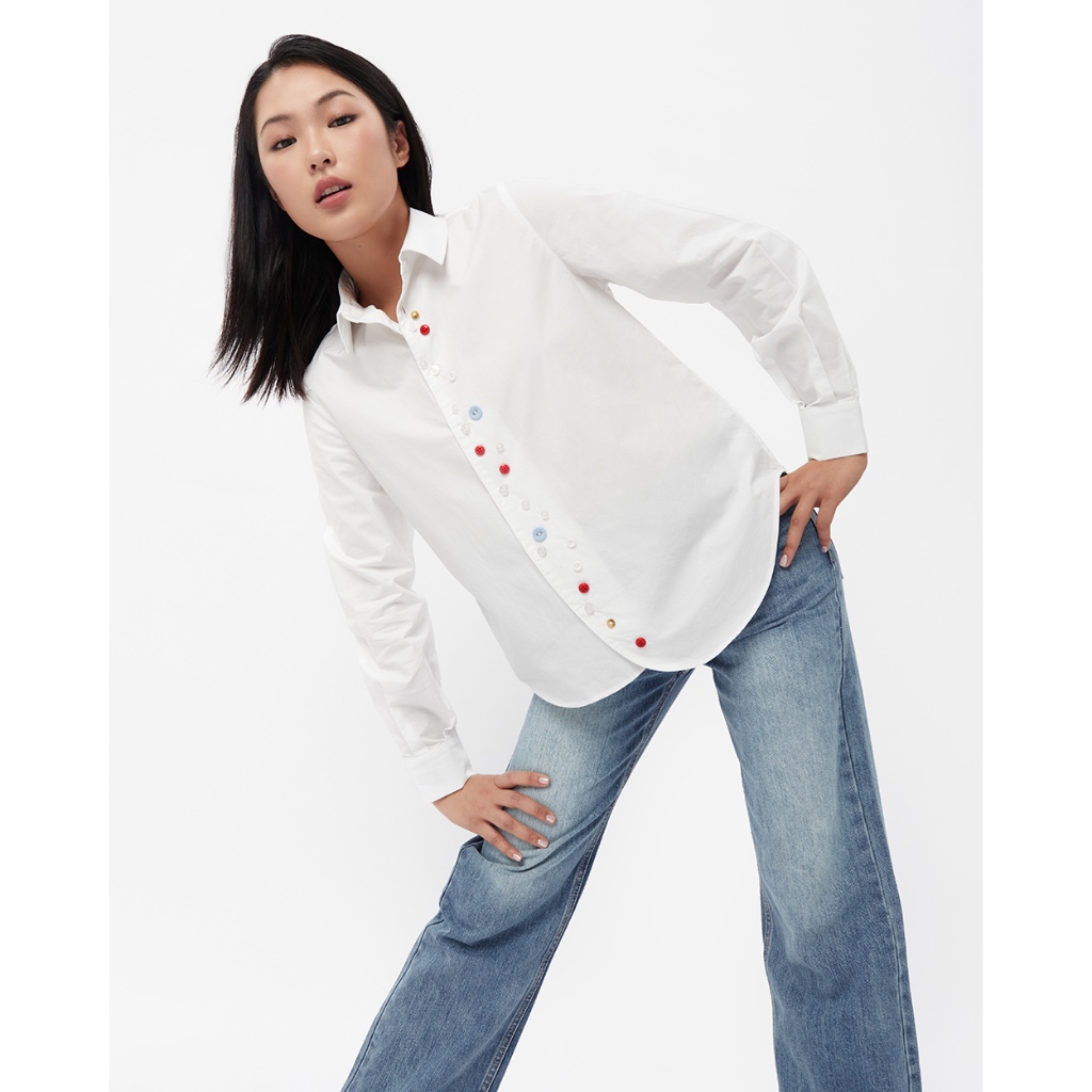 TheBlueTshirt - Áo sơ mi trắng thiết kế nhiều cúc màu sắc - Colored Buttons Shirt White Cotton - Women