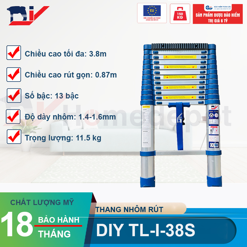 Thang nhôm rút đơn cao cấp DIY TL-I-38S chiều cao sử dụng tối đa 3.8m - Kèm ốp cao su chống trượt