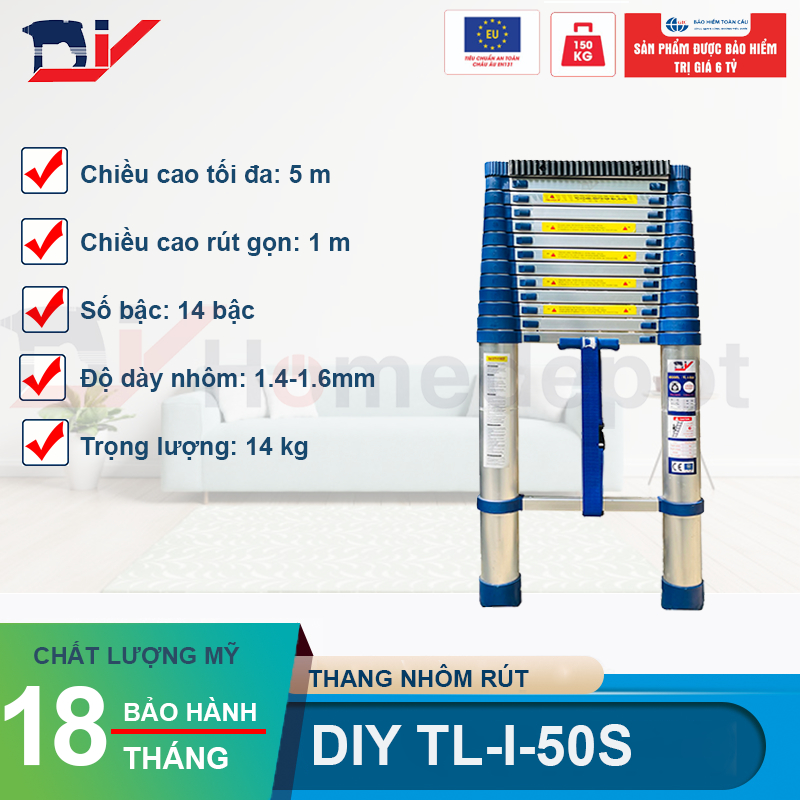 Thang nhôm rút đơn cao cấp DIY TL-I-50S chiều cao sử dụng tối đa 5.0m - Kèm ốp cao su chống trượt