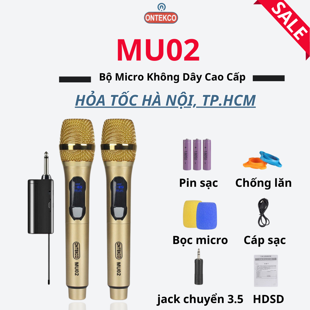 Bộ micro karaoke không dây ONTEKCO MU02 chuyên dùng cho loa kéo, amply ...