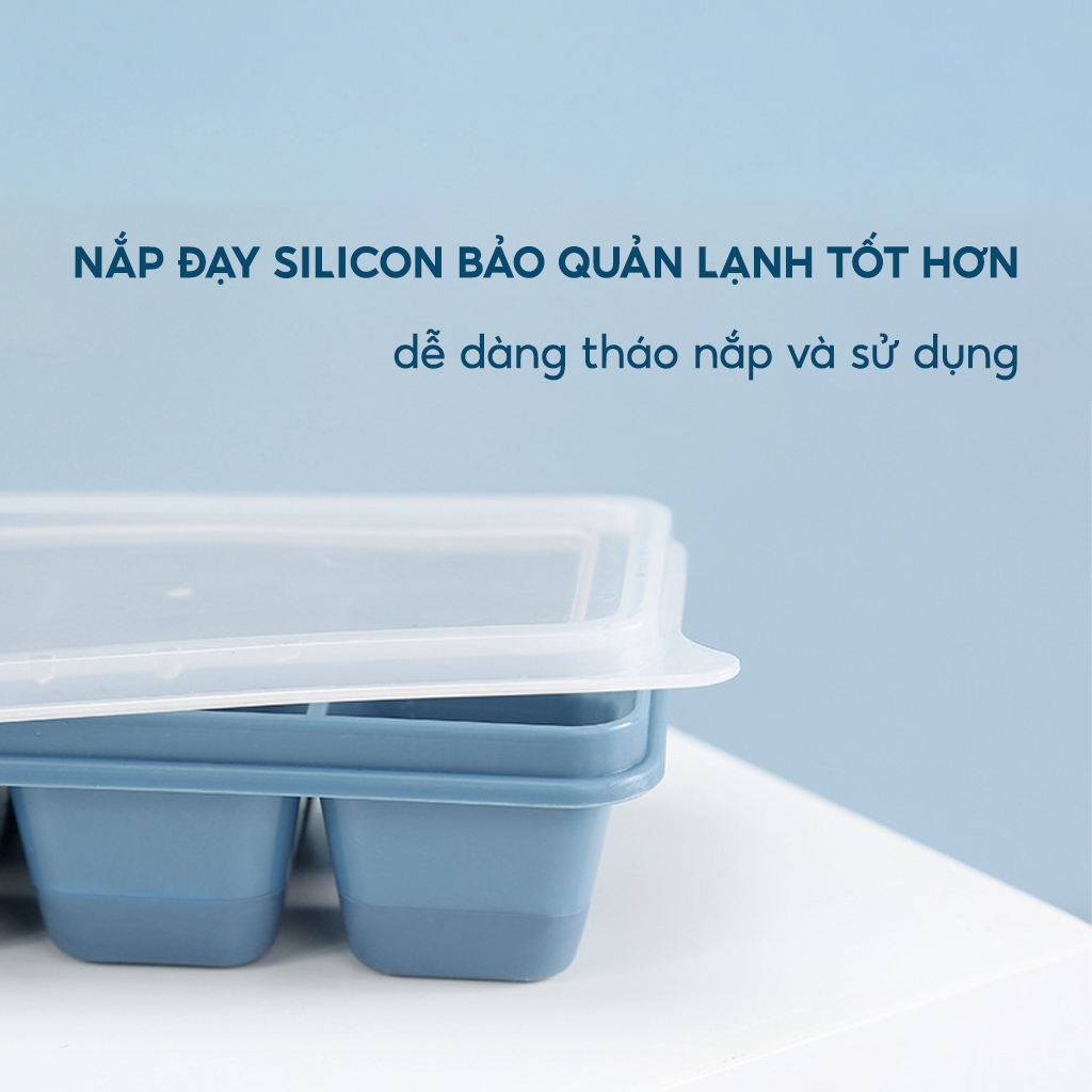 Khay Làm Đá Silicon Có Nắp Đậy Giúp Chống Mùi Tủ Lạnh, Khuôn Làm Đá Thạch An Toàn Sức Khoẻ