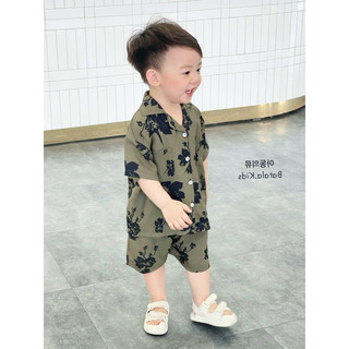 Bộ đũi bé trai Batala Kids, Set đi biển cho bé đồ bộ bé trai đi chơi du lịch đũi tơ hoạ tiết HOA ĐEN TRẮNG thoáng mát