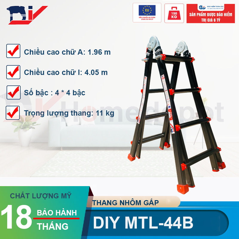 Thang nhôm gấp đa năng DIY MTL-44B chiều cao sử dụng tối đa chữ A 196cm, chữ I 405cm
