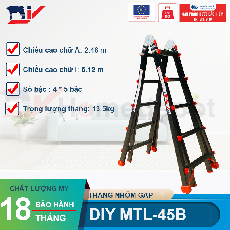 Thang nhôm gấp đa năng DIY MTL-45B chiều cao sử dụng tối đa chữ A 246cm, chữ I 512cm