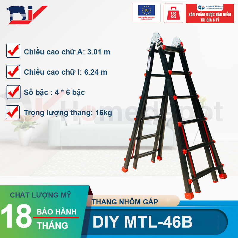 Thang nhôm gấp đa năng DIY MTL-46B chiều cao sử dụng tối đa chữ A 301cm, chữ I 624cm