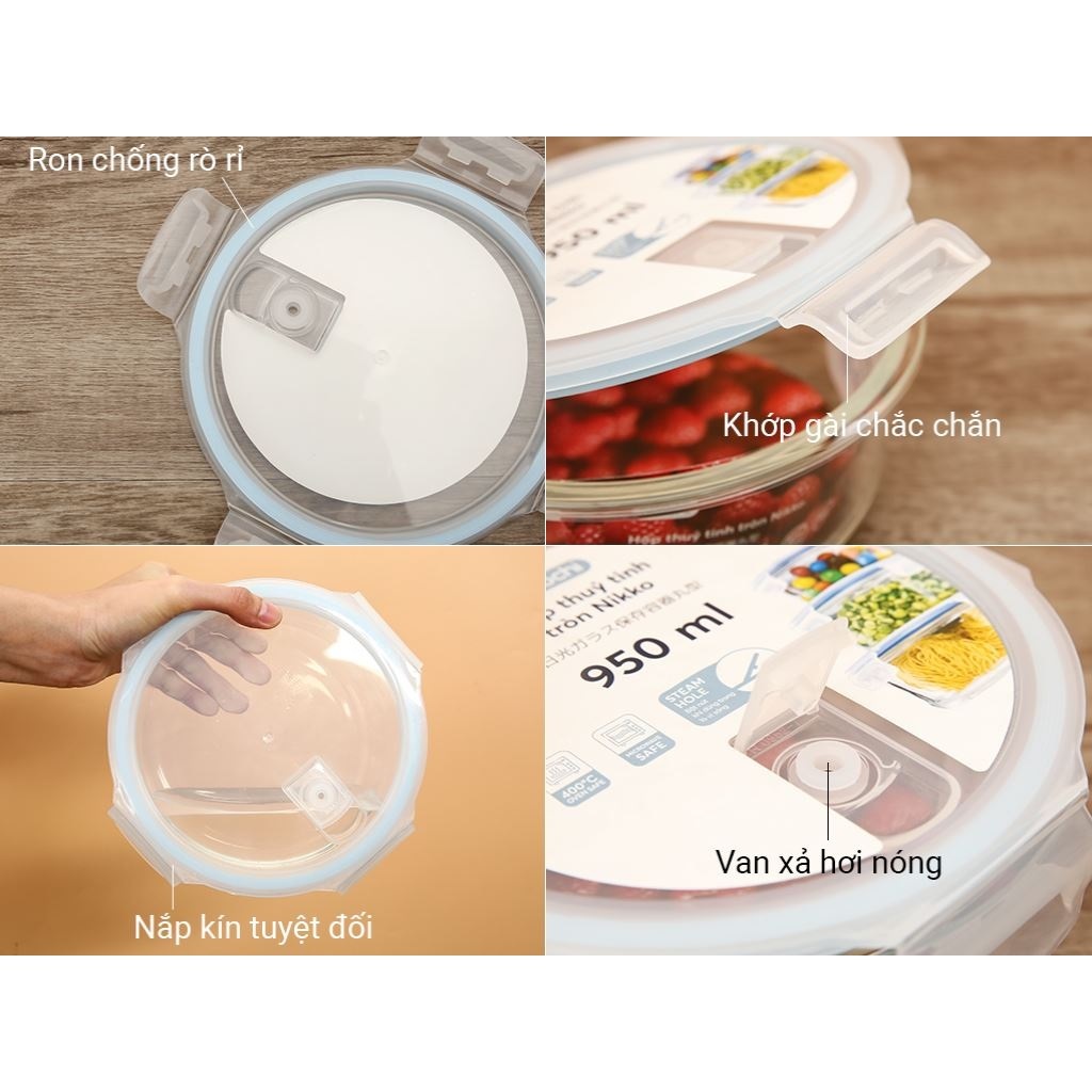 Hộp thuỷ tinh tròn Nikko Inochi 400ml-620ml-950ml Chính Hãng, Thuỷ Tinh Dày Dặn Chịu Nhiệt 400*C