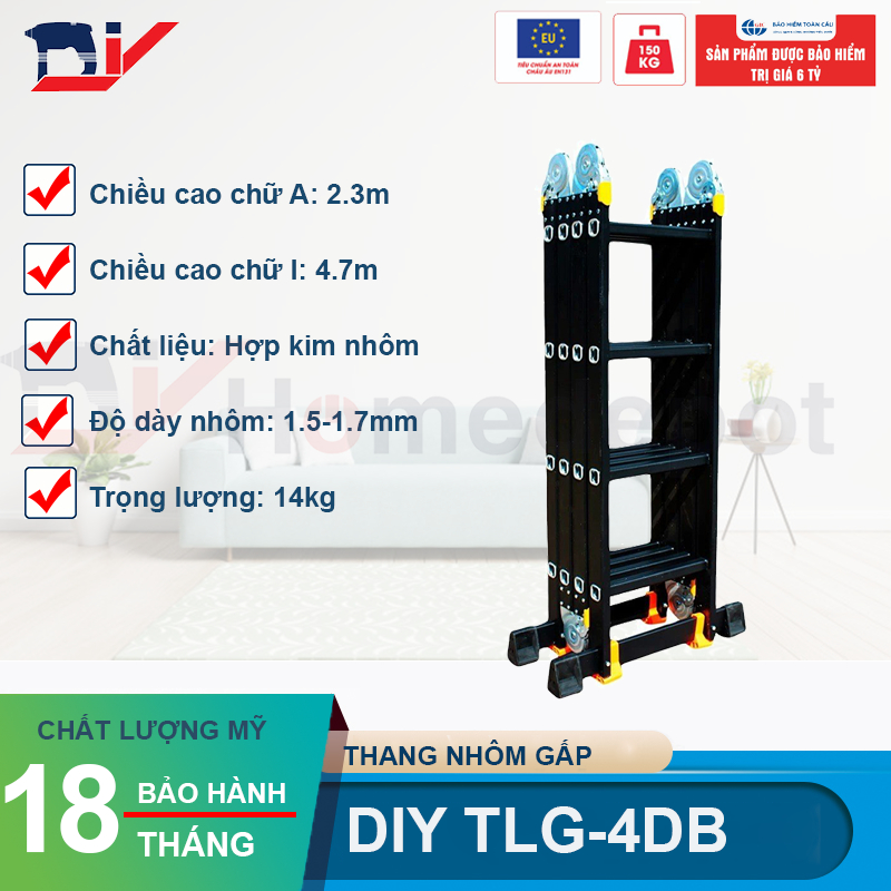 Thang nhôm bốn đoạn cao cấp DIY TLG-4DB chiều cao sử dụng tối đa chữ A 230cm, chữ I 470cm