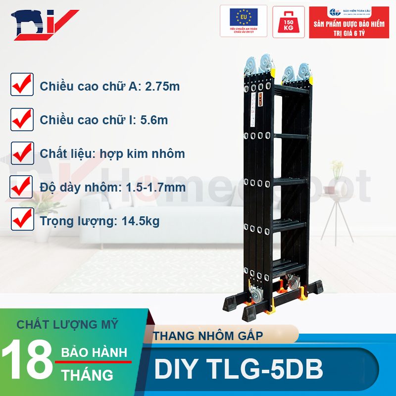 Thang nhôm bốn đoạn cao cấp DIY TLG-5DB chiều cao sử dụng tối đa chữ A 275cm, chữ I 560cm