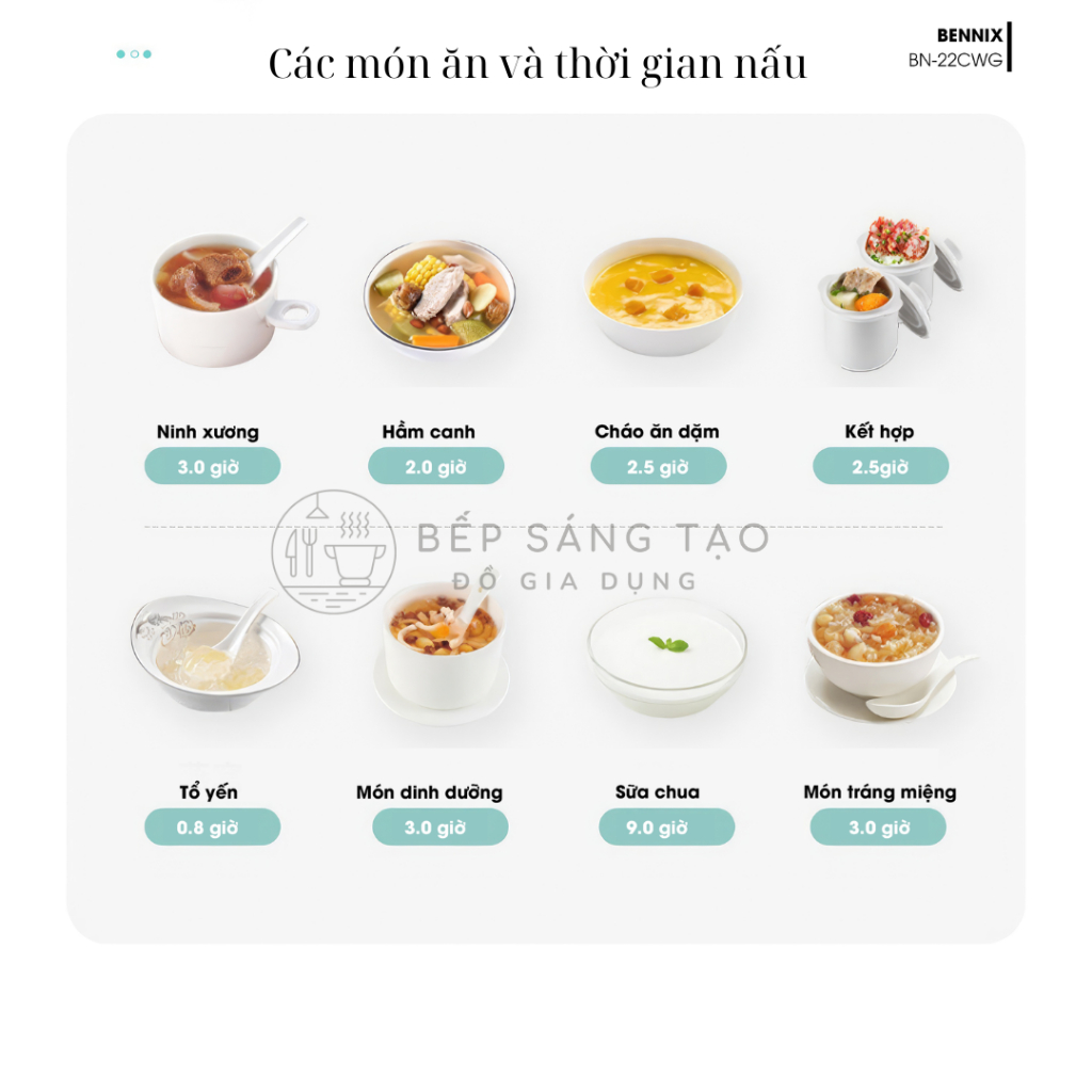 Nồi Nấu Chậm Bennix BN-22CWG, Nồi Hấp Dinh Dưỡng Đa Năng Hầm Gà Hầm Xương, Chưng Yến Cho Bé