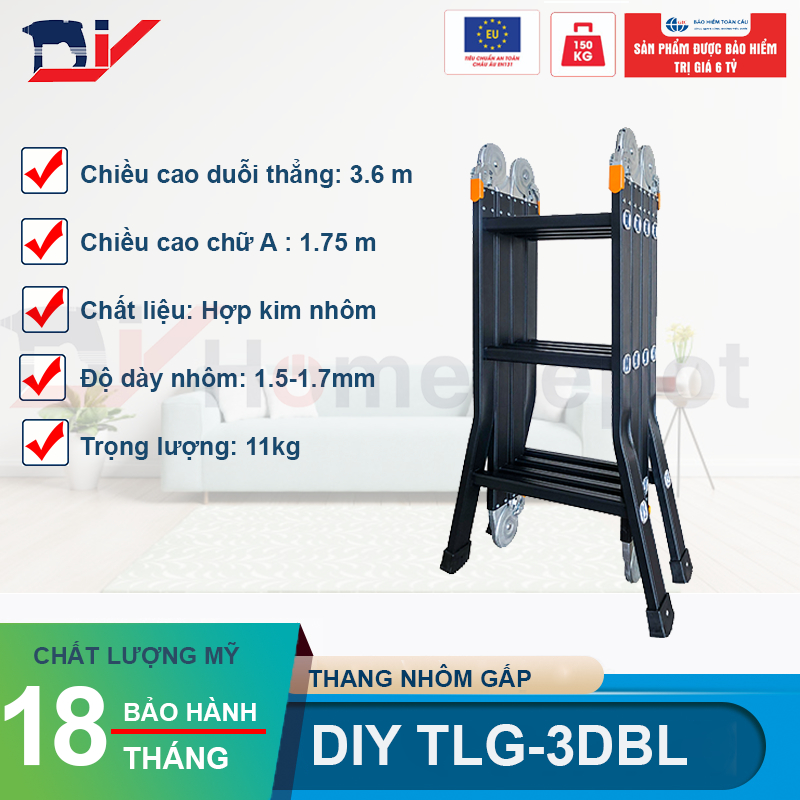 Thang nhôm gấp đoạn cao cấp chân choãi DIY TLG-3DBL chiều cao sử dụng tối đa chữ A 175cm, chữ I 360cm