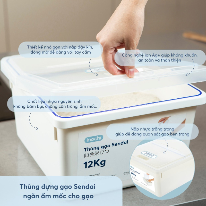 Thùng gạo Sendai Inochi 12kg kèm nắp và cốc đong chống ẩm mốc, tiện lợi (tiêu chuẩn Nhật Bản)