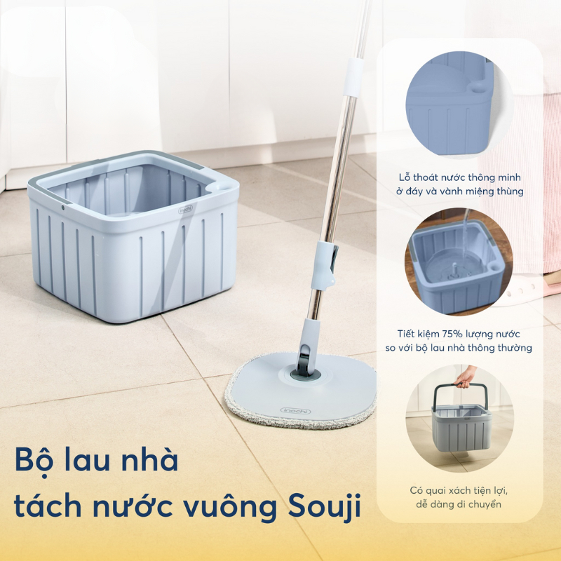 Bộ lau nhà tách nước vuông Souji INOCHI xoay 360 độ, có lỗ thoát nước thông minh