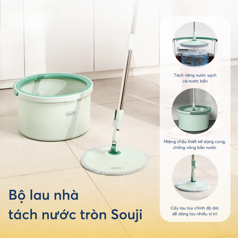 Bộ lau nhà tách nước bẩn tròn Souji xoay 360 độ, tách nước thông minh - CHÍNH HÃNG INOCHI