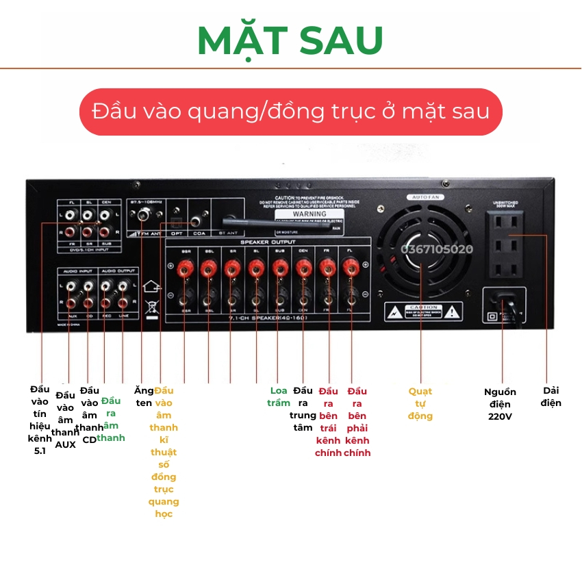 Âm ly  Sunbuck SR 5800 karaoke bluetooth - Bộ khuếch đại công suất 1100W 7.1 kênh bluetooth 5.3, màn hình quang phổ động
