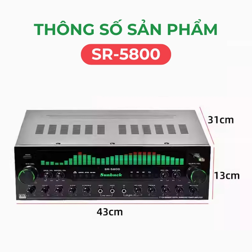 Âm ly  Sunbuck SR 5800 karaoke bluetooth - Bộ khuếch đại công suất 1100W 7.1 kênh bluetooth 5.3, màn hình quang phổ động