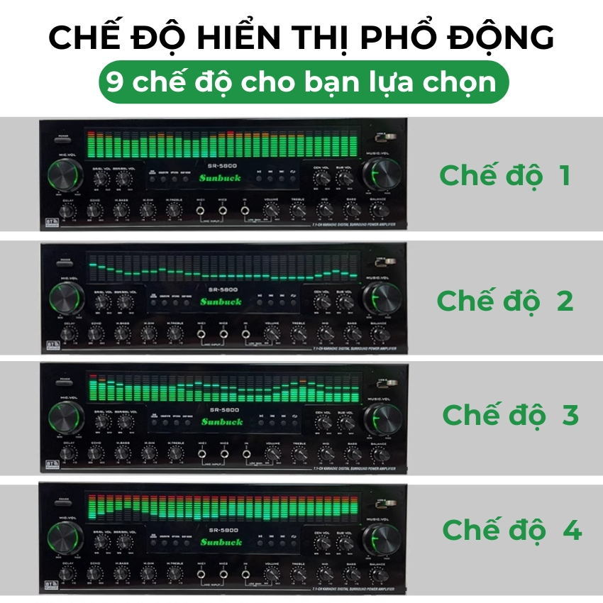 Âm ly  Sunbuck SR 5800 karaoke bluetooth - Bộ khuếch đại công suất 1100W 7.1 kênh bluetooth 5.3, màn hình quang phổ động