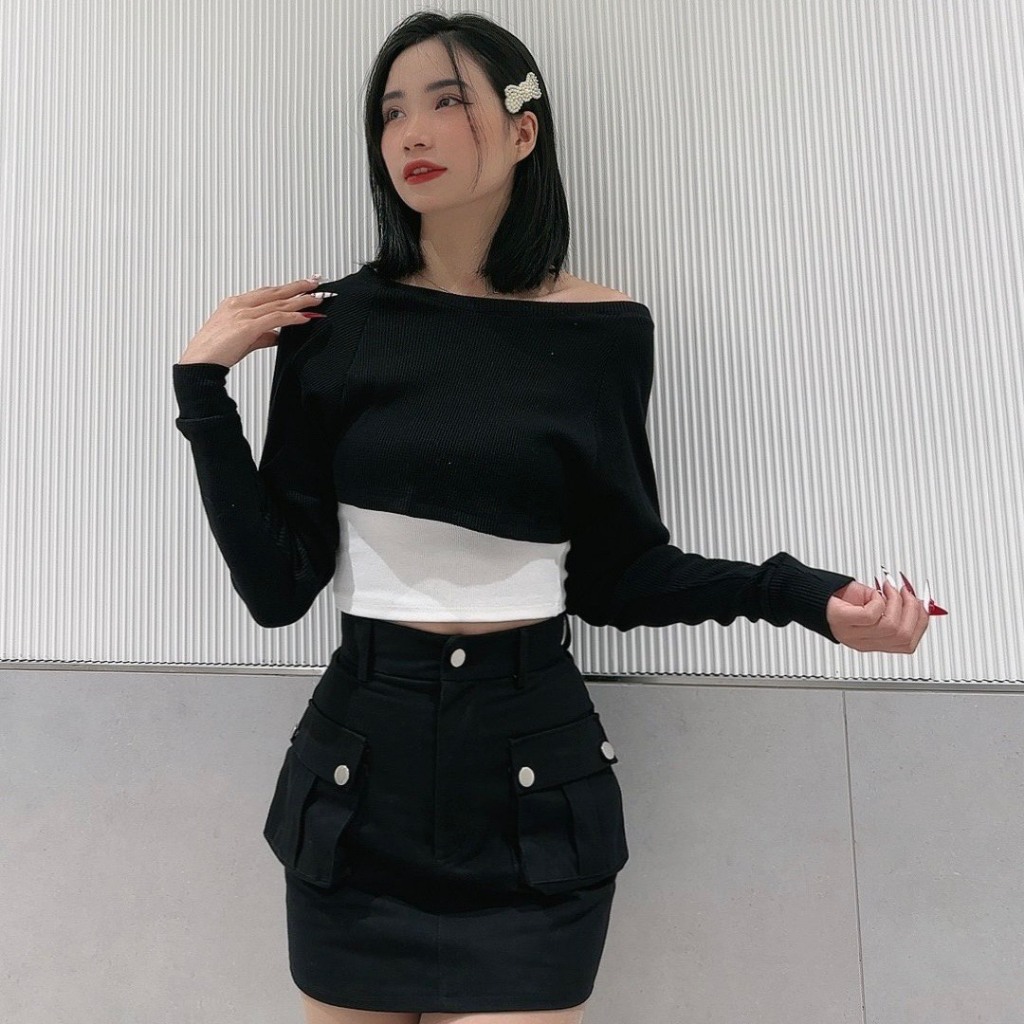 Áo croptop dài tay Nữ, chất liệu vải mắt dứa có giãn ít, phong cách trẻ trung năng động.